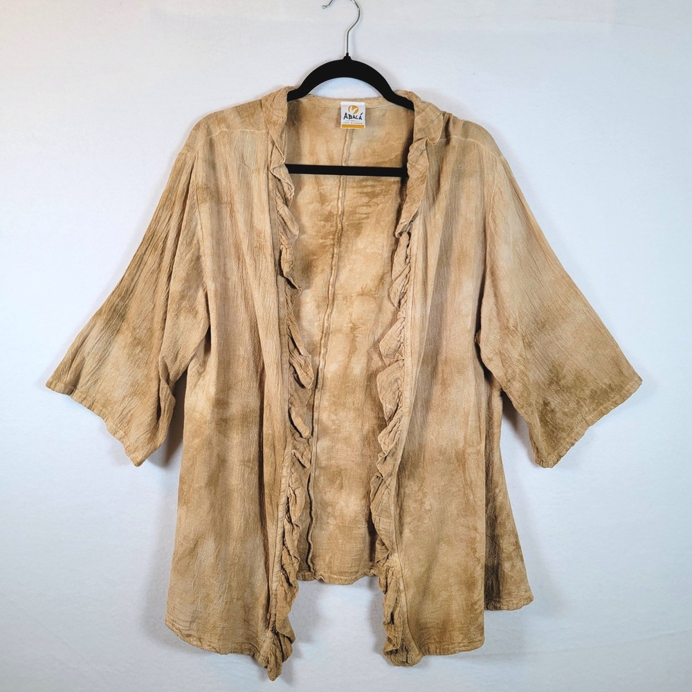 Abaca Mexico Womens Tie Dye Cotton Ruffle Open Kimono Cardigan Size 2 Brown